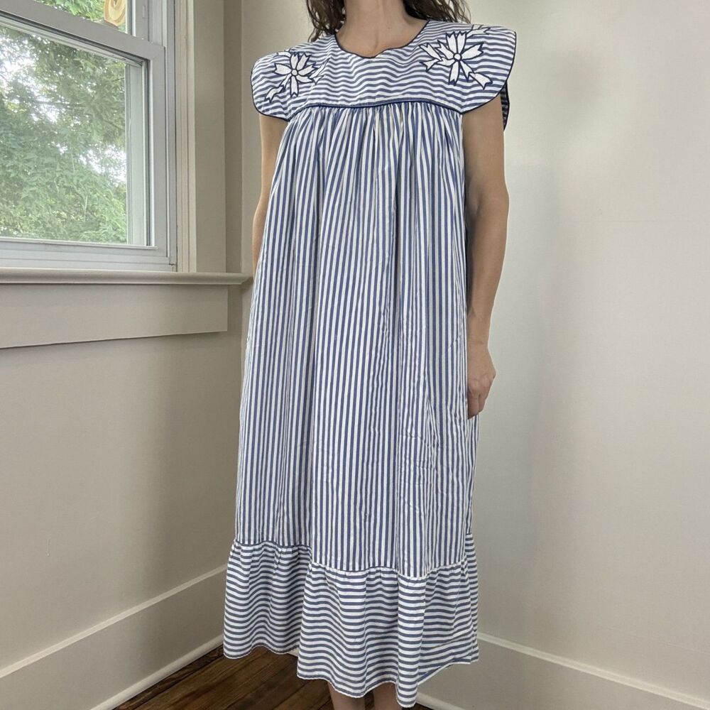 Vintage 70s Muumuu | Striped Embroidered Bib House Dress, Nautical Cottagecore